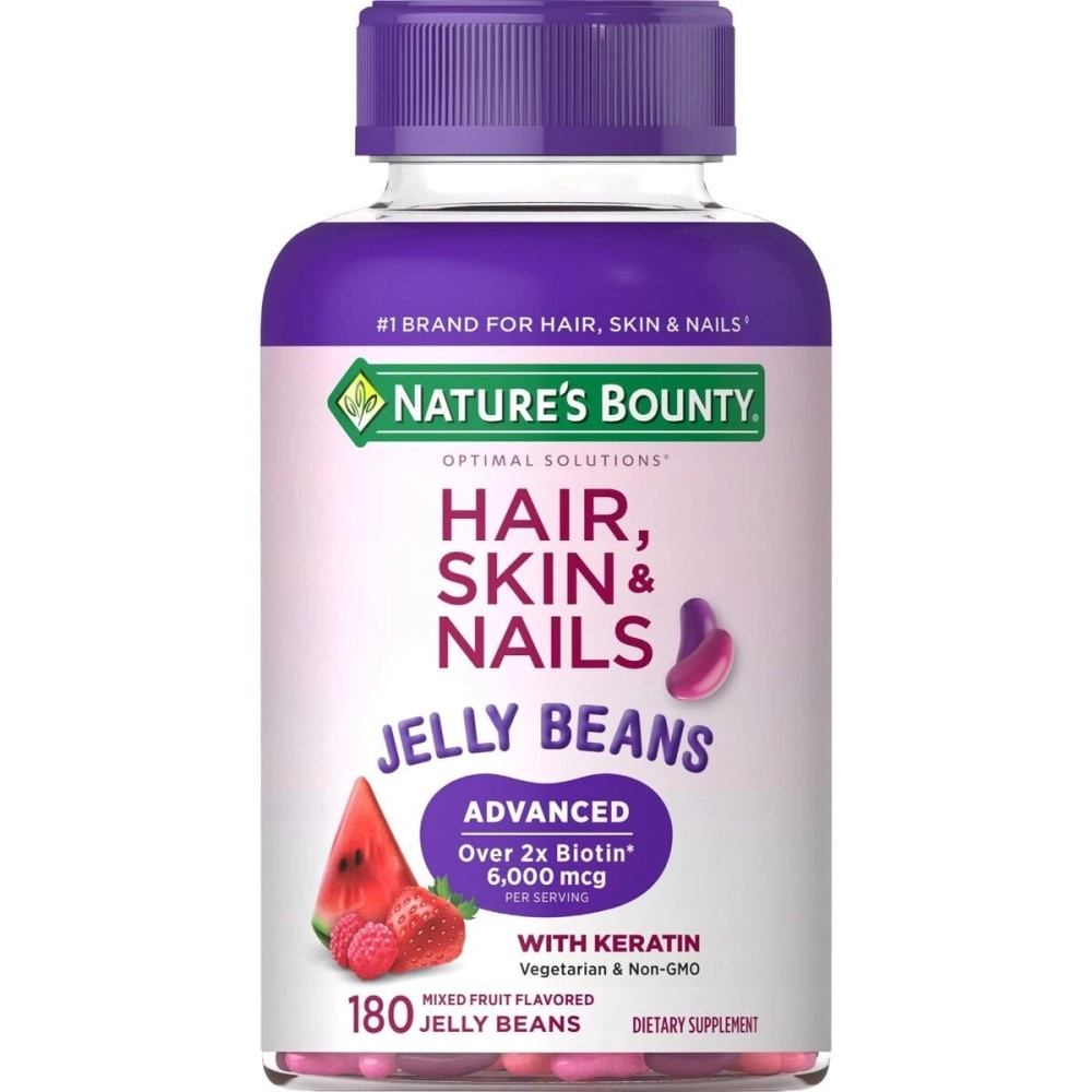 Nature\'s Bounty Optimal Solutions Advanced Hair, Skin & Nails Jelly Beans with Biotin, Mixed Fruit Flavor, 180 Count