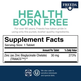 Freeda Chelated Zinc Supplement - Kosher 30 mg Zinc Chelate Zinc Tablets as Albion TRAACS Zinc Bisglycinate - Zinc Chelated for Adults - Pure Zinc 30mg - Zinc for Men & Women - (250 Tiny Tablets)