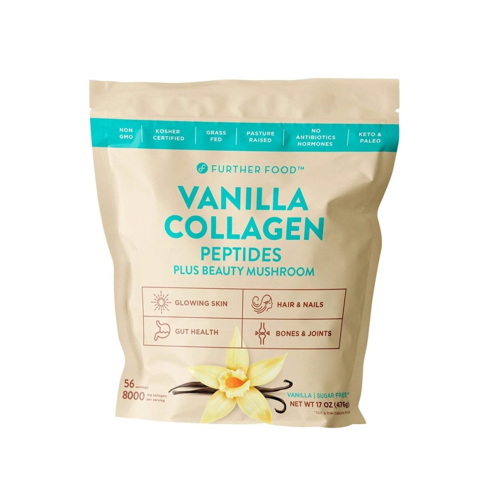 Further Food Vanilla Collagen Peptides Powder Supplement Plus Tremella Mushroom - Grass Fed Pasture-Raised Type 1 & 3 Premium Collagen, 56 Servings