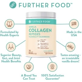 Further Food Vanilla Collagen Peptides Powder Supplement Plus Tremella Mushroom - Grass Fed Pasture-Raised Type 1 & 3 Premium Collagen, 56 Servings