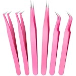 High Precision Lash Tweezers Set 6 Pack Stainless Steel Eyelash Extension Tweezers for Classic, Volume, Mega Volume Lashes, Facial Hair, Eyebrow, Hair Removal, Crafting Making(Pink)
