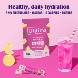 Ultima Replenisher Daily Electrolyte Powder Drink Mix - Pink Lemonade, 20 Stickpacks - Hydration Packets with 6 Electrolytes and Trace Minerals - Keto Friendly, Vegan, Non-GMO and Sugar-Free