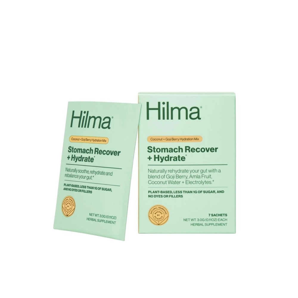 Hilma Stomach Recover and Hydrate, Organic Electrolytes Powder for Hydration w/Prebiotics and Gastroprotective Herbs, Rebalance Gut w/Goji Berry and Coconut Water, Doctor-Formulated, 7 Vegan Sachets