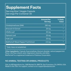 MDacne DIM Skin Clearing Supplements (30 Vegan Capsules) - for Acne Treatment, Estrogen Balance, Hormone Menopause Relief & Bodybuilding, Cruciferous Extract & Bioperine - Dermatologist Formulated