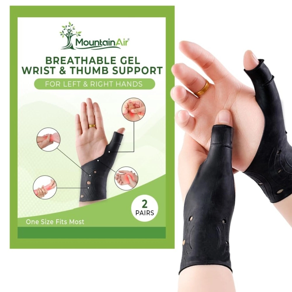 Gel Wrist and Thumb Brace - 2 Pairs - Unisex Wrist Splint to Fit Left or Right Hand - Wrist Support for Arthritis, Rheumatism, Carpal Tunnel Pain Relief - Flexible Silicone Thumb Brace (Black)