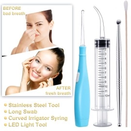 Tonsil Stone Removal Set Includes 1 Stainless Steel Tonsil Stone Removal Tool, 1 Tonsil Stone Remover with LED Light, 100 Long Swabs and 1 Curved Irrigator Syringe to Get Rid of Bad Breath (Blue)