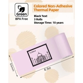 Memoqueen Phomemo T02 Pink/Yellow/Blue Thermal Paper, Non-Adhesive Color Paper Printer Paper, Compatible with T02 M02X, 2.08 x 21.3\' (53mmx 6.5m/roll), Black Text, Keep for 5 Years, 3 Rolls