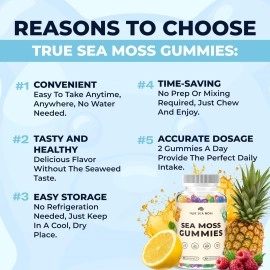 TrueSeaMoss Organic Sea Moss Gummies - Contains Irish Sea Moss + Burdock Root + Bladderwrack - 60 Gummies for Stronger Immune, Healthier Skin & Hair, Detox - Great for Kids & Adults, Made in The USA