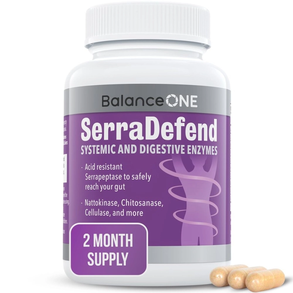 Balance ONE SerraDefend Biofilm Defense, Digestion - Systemic and Digestive Enzymes - Serrapeptase, Nattokinase, Protease, Cellulase - 60 Capsules, 2 Month Supply