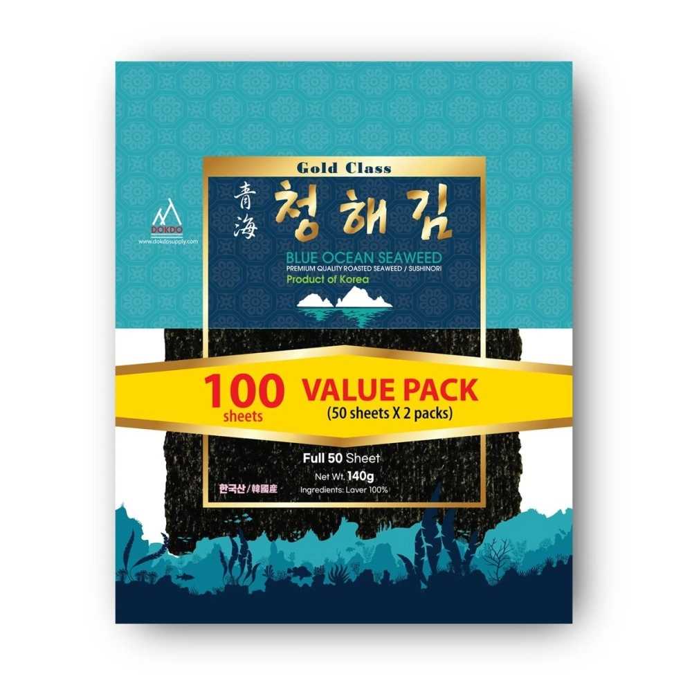 DOKDO SUPPLY Blue Ocean Sushi Nori Seaweed Sheets Full Sheets 100 sheets (50x2) 280Gram Organic Yaki Roasted Rolls Wraps 100% Natural Laver Fresh Maki Premium Thick Quality (100)