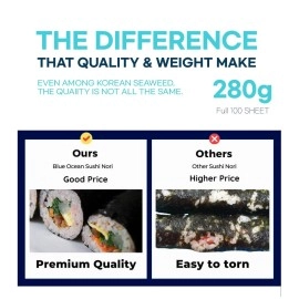 DOKDO SUPPLY Blue Ocean Sushi Nori Seaweed Sheets Full Sheets 100 sheets (50x2) 280Gram Organic Yaki Roasted Rolls Wraps 100% Natural Laver Fresh Maki Premium Thick Quality (100)