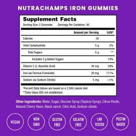 NutraChamps Iron Gummies with Vitamin C, 20mg Iron Blood Cell Formation Support, 120 Gummies for Iron Deficiency & Anemia, Energy, Focus, Immune Boost Pack of 2