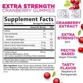 Cranberry Gummies Extra Strength 50:1 Whole Cranberry Extract Urinary Tract Health Support Gummy 504 mg - Natural Cran Berry Supplement for Women, Men and Kids - Vegan Bladder Support - 60 Gummies