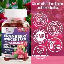 Cranberry Gummies Extra Strength 50:1 Whole Cranberry Extract Urinary Tract Health Support Gummy 504 mg - Natural Cran Berry Supplement for Women, Men and Kids - Vegan Bladder Support - 60 Gummies