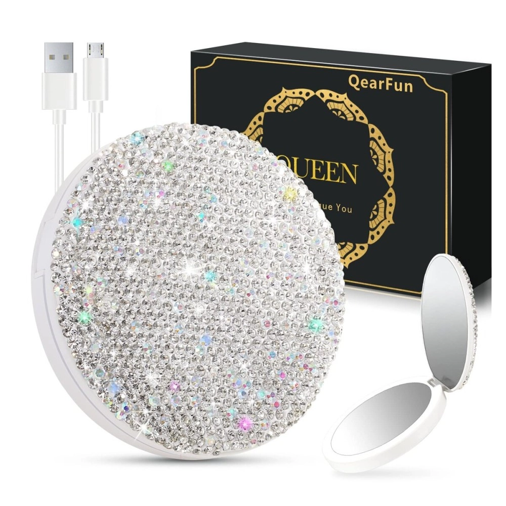 QearFun Luxurious Rhinestone LED Lighted Compact Mirror,Bling Portable Travel Makeup Mirrors,3.5 inch Rechargeable Mini Magnifying Pockets Mirror,Sparkly Beauty for Women,Wedding Favors for Guests