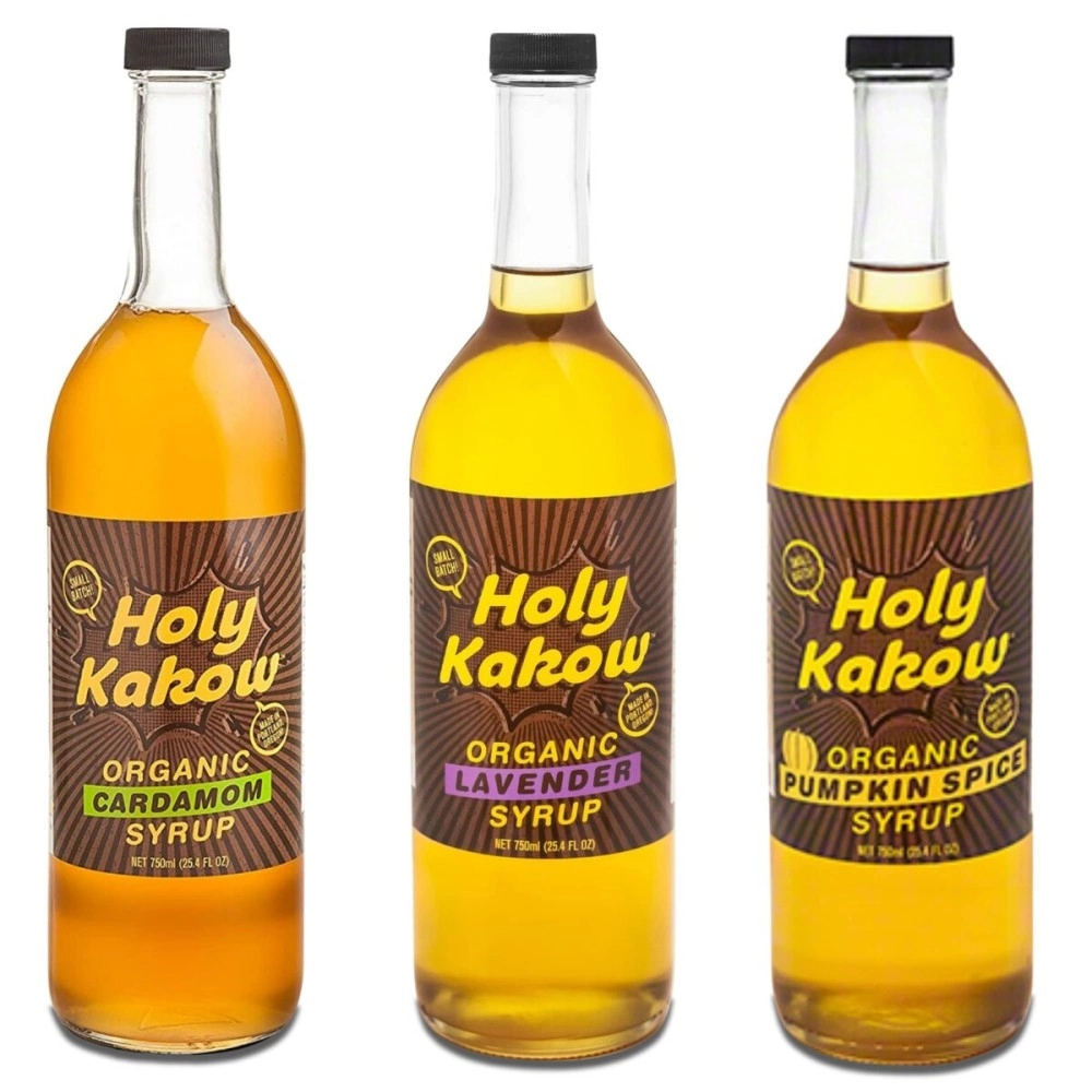 Holy Kakow Cafe Organic Syrup Variety Pack - Pumpkin Spice Syrup, Lavender Syrup, Cardamom Syrup, Organic Syrup for Coffee, Lattes - 750ml 3-Pack