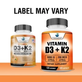 Vitamin D3 K2 (MK-7), Vitamin D3 (5000IU) + K2 (MK-7) 200mcg w/Organic Coconut Oil, Vitamin D3 + K2, Vitamin D3 + K2, Vitamin K2 D3, Immune & Bone Health, No Fillers, Made in USA, 120 Veggie Capsule