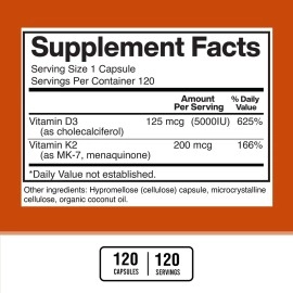 Vitamin D3 K2 (MK-7), Vitamin D3 (5000IU) + K2 (MK-7) 200mcg w/Organic Coconut Oil, Vitamin D3 + K2, Vitamin D3 + K2, Vitamin K2 D3, Immune & Bone Health, No Fillers, Made in USA, 120 Veggie Capsule