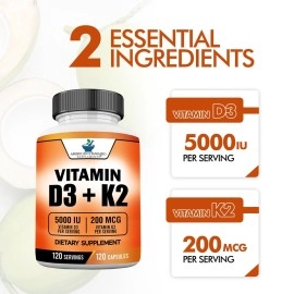 Vitamin D3 K2 (MK-7), Vitamin D3 (5000IU) + K2 (MK-7) 200mcg w/Organic Coconut Oil, Vitamin D3 + K2, Vitamin D3 + K2, Vitamin K2 D3, Immune & Bone Health, No Fillers, Made in USA, 120 Veggie Capsule