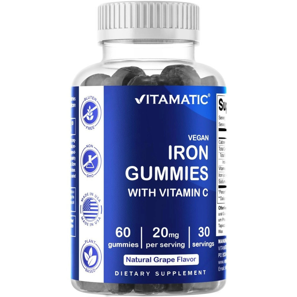 Vitamatic Iron Gummies Supplement for Women & Men - 20mg Serving - 60 Vegan Gummies - Great Tasting Iron Gummy Vitamins with Vitamin C (60 Count (Pack of 1))