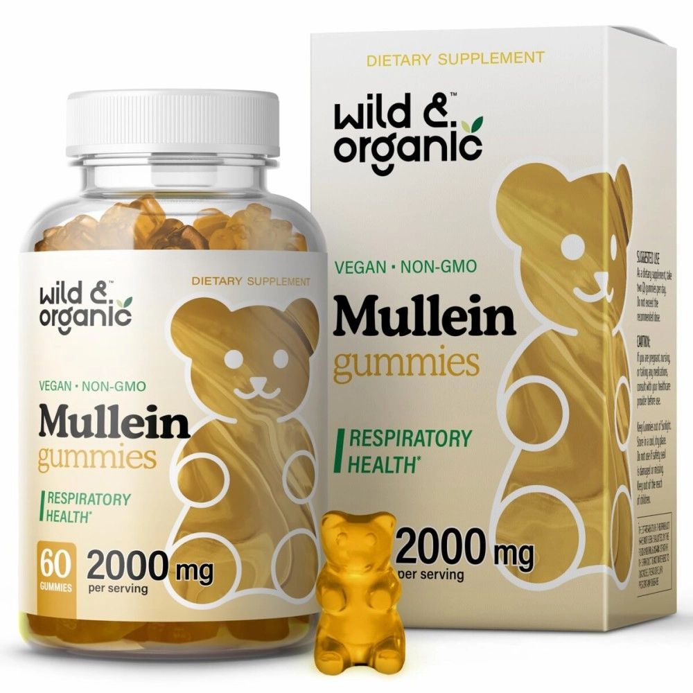 Wild & Organic Mullein Gummies - Daily Dietary Supplement for Respiratory, Digestive Support - Natural Sleep Aid, Immune Booster - Vegan, Non-GMO Verbascum Thapsus Herbal Extract - 2000mg, 60 Chews
