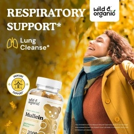 Wild & Organic Mullein Gummies - Daily Dietary Supplement for Respiratory, Digestive Support - Natural Sleep Aid, Immune Booster - Vegan, Non-GMO Verbascum Thapsus Herbal Extract - 2000mg, 60 Chews