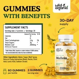 Wild & Organic Mullein Gummies - Daily Dietary Supplement for Respiratory, Digestive Support - Natural Sleep Aid, Immune Booster - Vegan, Non-GMO Verbascum Thapsus Herbal Extract - 2000mg, 60 Chews