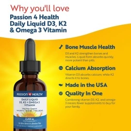 Passion 4 Health Organic Liquid Vitamin D3 K2 (Mk-7) + Omega 3 Supplement - Liquid Vitamin D Drops (5000IU) - Support for Healthy Bones and Muscles