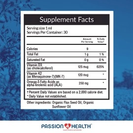 Passion 4 Health Organic Liquid Vitamin D3 K2 (Mk-7) + Omega 3 Supplement - Liquid Vitamin D Drops (5000IU) - Support for Healthy Bones and Muscles