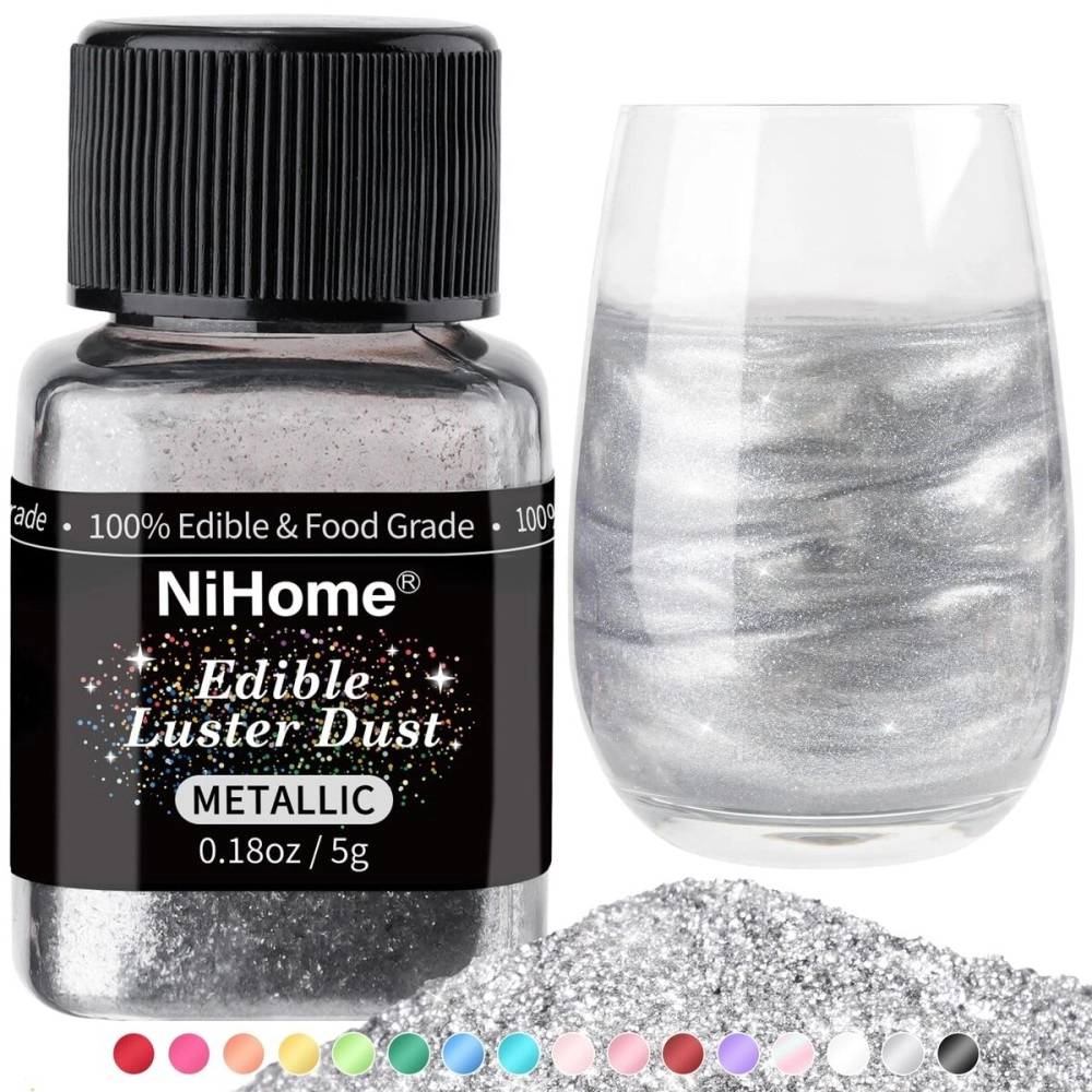 NiHome Edible Luster Dust Glitter Powder Metallic Fancy Food Decorating Sprinkle Glimmery Brew Dust for Drink Wine Beverage Cake Dessert Bakery Restaurant Vegan Allergen-Free (Metallic, 5g/0.18oz)