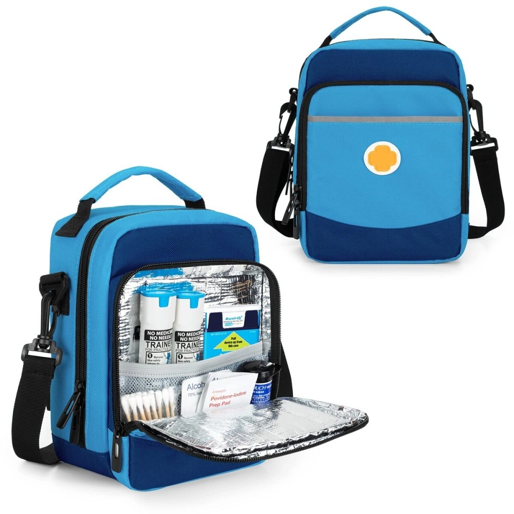 CURMIO EpiPen Carrying Case, Insulated Medicine Bag for Epi Pens, Auvi-Q, Asthma Inhaler, Spacer, Blue (Bag Only, Patented Design)