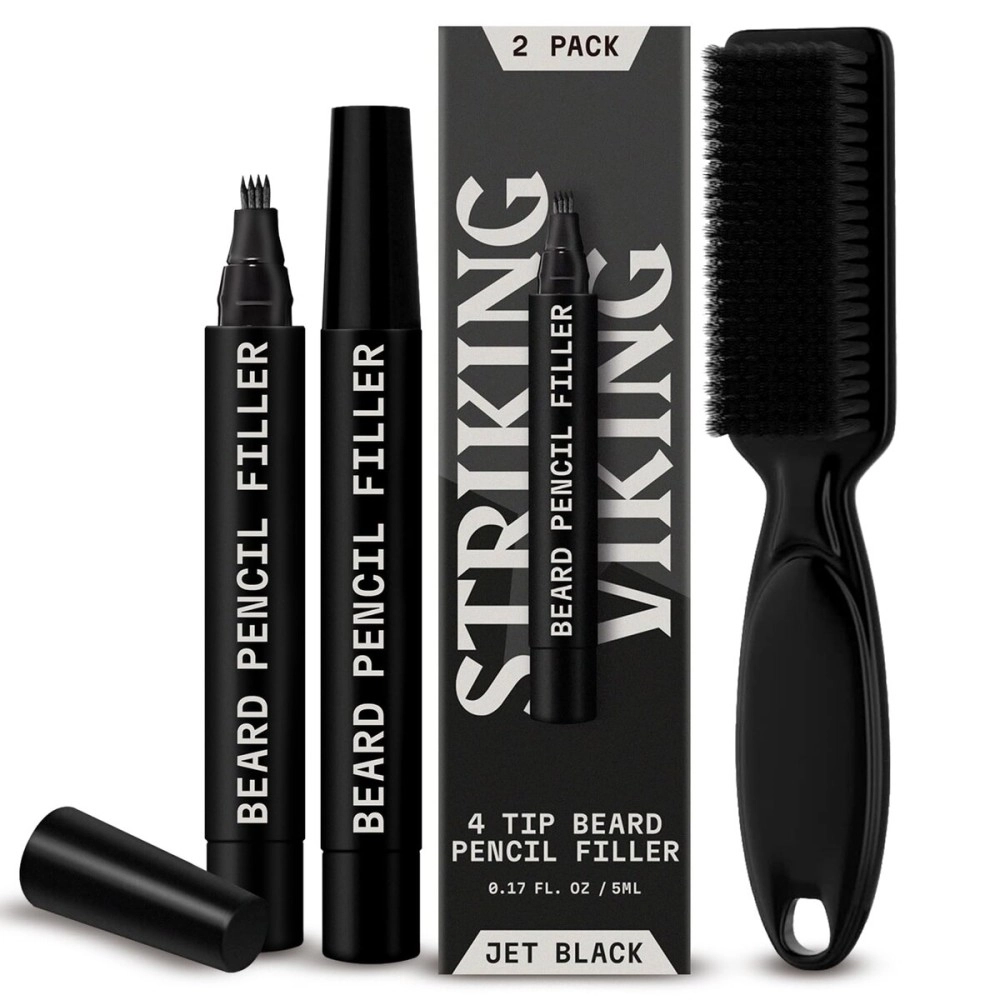 Striking Viking 2 Pack Beard Pencil Filler for Men With 4 Tips - Updated Filling Pen Kit With Brush, Long Lasting Waterproof Pen - Fill, Shape, & Define Your Beard - (Black)