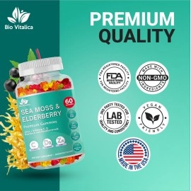 BIO VITALICA Sea Moss Gummies Elderberry BioVitalica - Vitamin C D + Zinc - Irish Seamoss Vegan Gummy with Sea Moss Gel & Powder for Immunity, Detox & Energy - for Adults and Kids