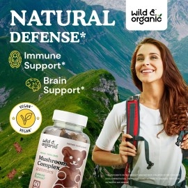 Wild & Organic Mushroom Gummies - Reishi, Chaga, Cordyceps, Maitake, Lion\'s Mane, Turkey Tail, Mesima, Shiitake, Agarikon, Oyster Blend - Brain Booster & Immune Support Supplement, 60 Chews per Bottle