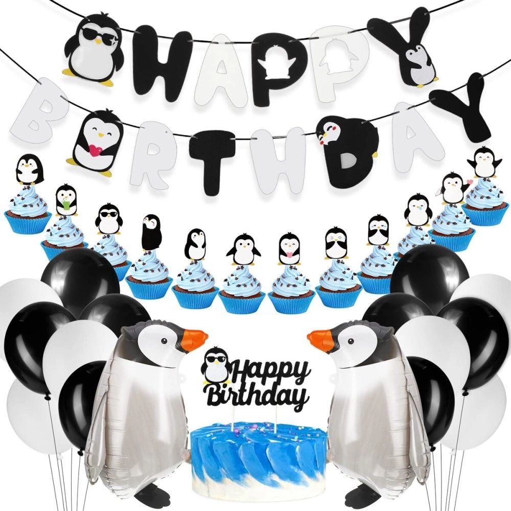 Gejoy 48 Pcs Penguin Birthday Party Decoration: Penguin Banner, Cake Toppers, Balloons in Black, Blue, Orange for Winter Birthday, Baby Shower