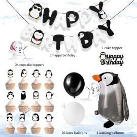 Gejoy 48 Pcs Penguin Birthday Party Decoration: Penguin Banner, Cake Toppers, Balloons in Black, Blue, Orange for Winter Birthday, Baby Shower