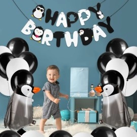 Gejoy 48 Pcs Penguin Birthday Party Decoration: Penguin Banner, Cake Toppers, Balloons in Black, Blue, Orange for Winter Birthday, Baby Shower