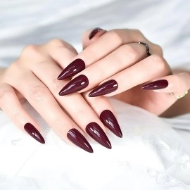iMABC 24pcs Dark Burgundy Press On Fake Nails Medium Long Stiletto Sharp Pointed False Nail Tips Glossy Full Cover Stick On Acrylic Nails For Women And Girls