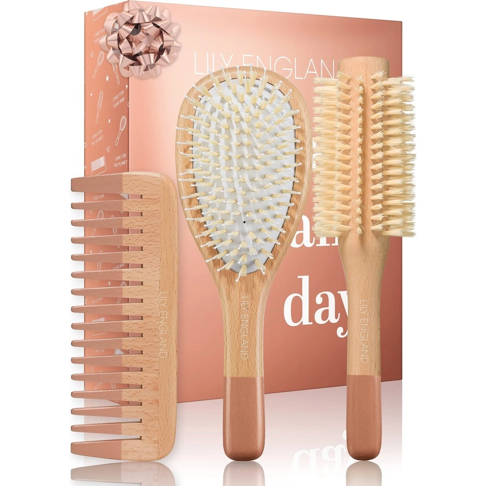 Lily England Wooden Hair Brush Set - Paddle Brush, Round Brush & Comb, Hair Brushes with Soft Bristles, Hairbrushes for Women (Rose Gold)