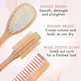 Lily England Wooden Hair Brush Set - Paddle Brush, Round Brush & Comb, Hair Brushes with Soft Bristles, Hairbrushes for Women (Rose Gold)