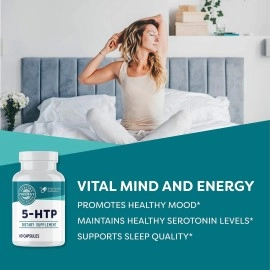 Vimergy 5-HTP Capsules, 60 Servings - Healthy Mood & Stress Support Supplement - Promotes Healthy Levels of Serotonin for Stress Management, Vegan, Non-GMO, Gluten-Free, Grain-Free, & Paleo