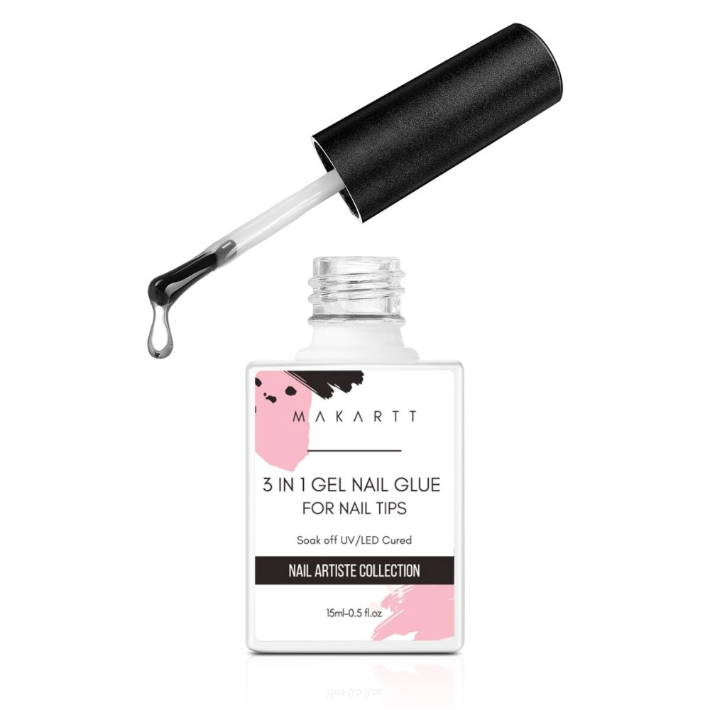 Makartt Gel Nail Glue: 3 in 1 Nail Glue for Acrylic Nails Extension Super Strong Adhesive Bond Long Lasting Brush on Glues for Tips, Base Coat & Slip Solution, & Stick Rhinestone, Curing Needed, 15ml
