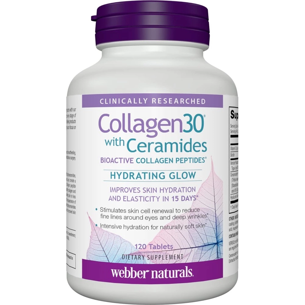 Webber Naturals Collagen30 with Ceramides, Bioactive Collagen Peptides, 120 Tablets, Hydrating Glow, Helps Improve Skin Hydration, Elasticity & Smoothness, Non GMO, Dairy & Gluten Free