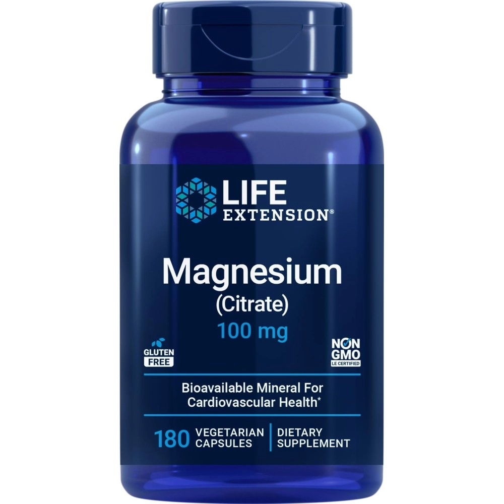 Life Extension Magnesium Citrate 100mg, 180 Veg Caps - Natural Mag Supplement - 100 mg Mineral Support Capsules - Vegan, Vegetarian, Non-GMO