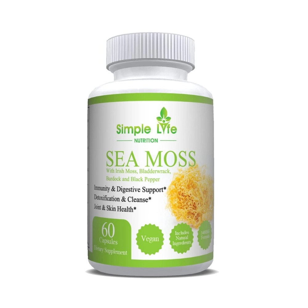 Simple Life Nutrition Organic Irish Sea Moss 1400MG Capsules- Burdock Root and Bladderwrack Natural Blend - Immune System Gut Cleanse & Thyroid Supplement Powder Capsules - Skin and Nail Health- 60CT