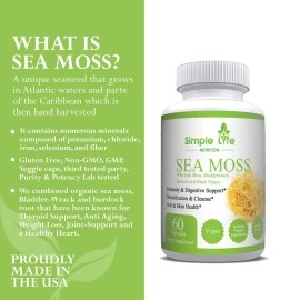 Simple Life Nutrition Organic Irish Sea Moss 1400MG Capsules- Burdock Root and Bladderwrack Natural Blend - Immune System Gut Cleanse & Thyroid Supplement Powder Capsules - Skin and Nail Health- 60CT