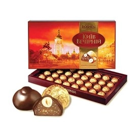 Roshen Kiev Vecherniy Chocolate Candy with Chopped and Hazelnuts Coating, Premium Gift Box 12.42oz/352 grams