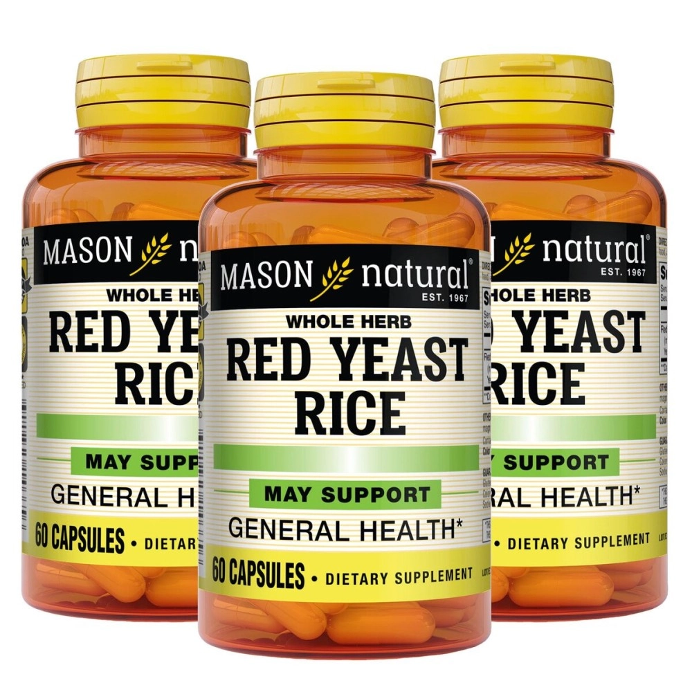 Mason Natural Red Yeast Rice - Improved Blood Circulation, Healthy Immune System, Supports Cardiovascular and Overall Health, Herbal Supplement, 60 Capsules (Pack of 3)
