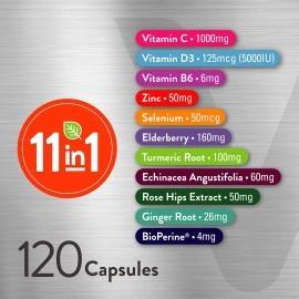 11 in 1 Immune Defense Support Supplement Booster with Vitamin C, Vitamin D3, Vitamin B6, Zinc, Elderberry, Echinacea, Turmeric, Rose-Hips, Selenium, BioPerine, Ginger, For Adults [60 Capsules-2 Pack]