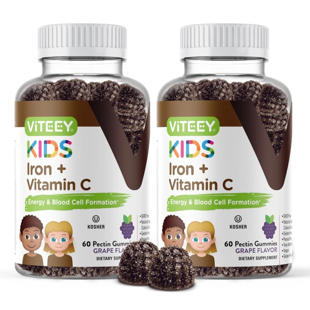 Iron Gummies for Kids with Vitamin C - Supports Energy, Blood Cell Formulation, Blood Builder Anemia Supplements, Gluten Free, Gelatin Free, GMO Free, Grape Flavor, Pectin Chewable Vegan Gummy Chews